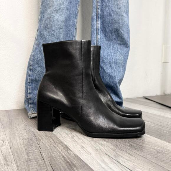 Vintage 90s Square Toe Heeled Boots Black Leather Womens Size 11 - Picture 1 of 8